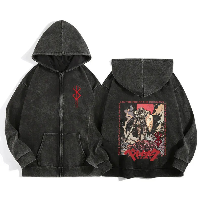 Anime Berserk Wash Zip Up Hoodie Harajuku Retro Gothic Graphic Jacket Hooded Sweatshirt Cotton Hip Hop Men Women Hoody Coat
