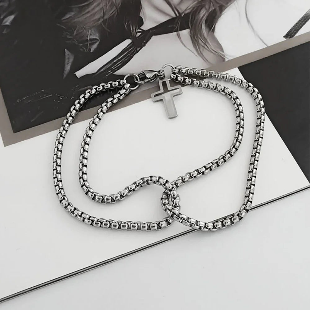Men's Fashion Double Chain Cross Hollow Wrist Bracelets Lobster Claw Clasp Stainless Steel Bracelet Hip Hop Punk Party Jewelry
