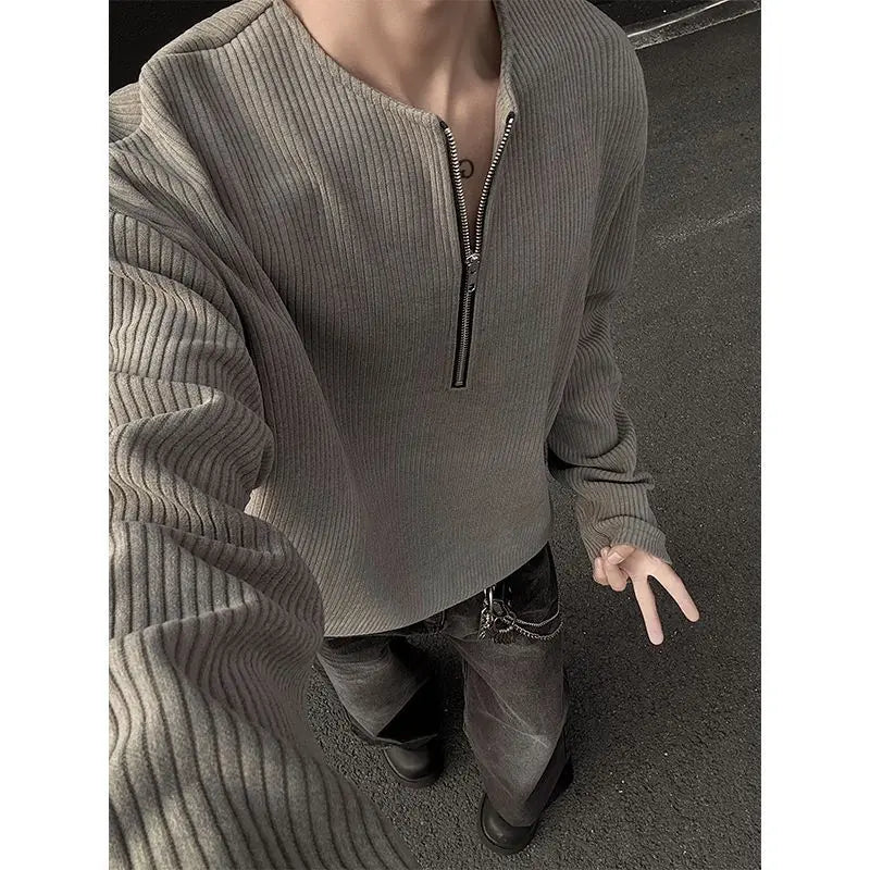 Men's Zipper Patchwork Solid Long Sleeve Trend Tops Spring Autumn Long Sleeve Loose Korean T Shirts Fashion Casual Men Clothing
