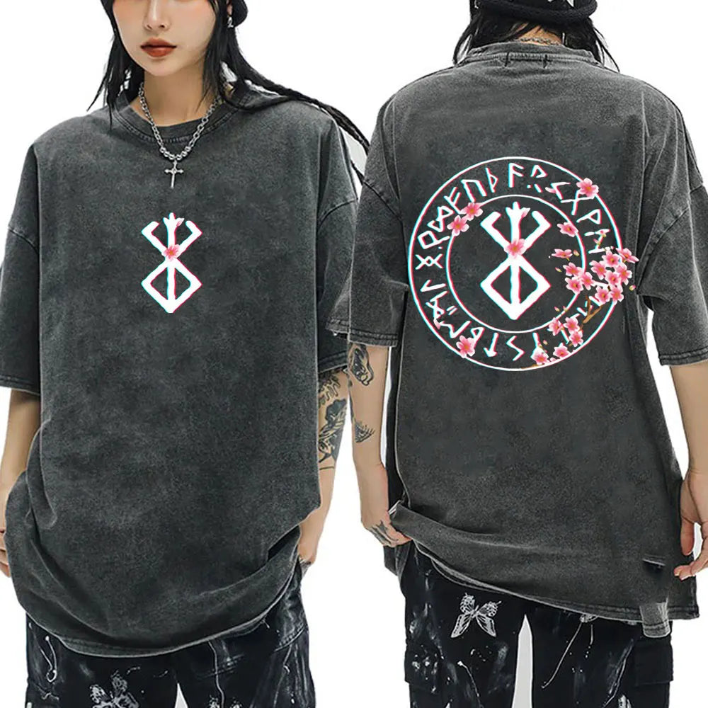 Anime Berserk Guts Vintage Washed T Shirt Manga Gatsu Griffith Zodd T-shirts Men Women Clothing Cotton Casual Oversized T-Shirt