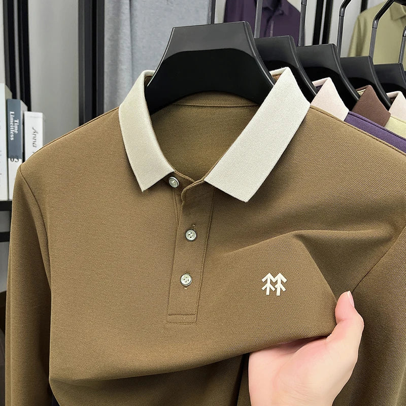 Fashion luxury brand long sleeve polo shirt men's autumn new trend badge embossed design Korean casual silk cotton lapel T-shirt