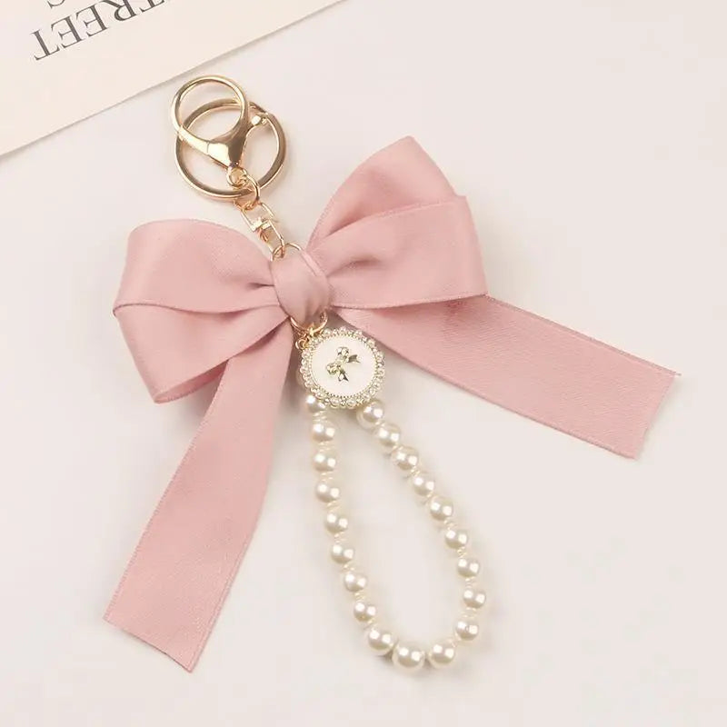 Fashion Large Bowknot Ribbon Pearl Key Chain Women's Multi-color DIY Key Pendant Hanging Ornament Sweet Bag Accessories