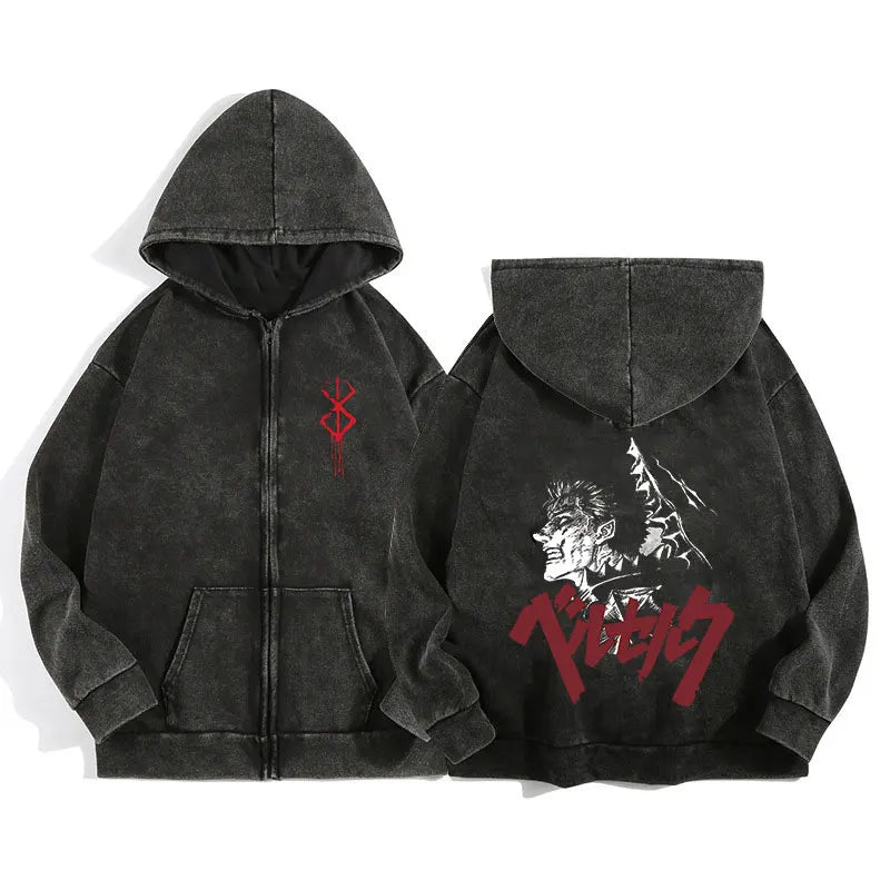 Anime Berserk Wash Zip Up Hoodie Harajuku Retro Gothic Graphic Jacket Hooded Sweatshirt Cotton Hip Hop Men Women Hoody Coat