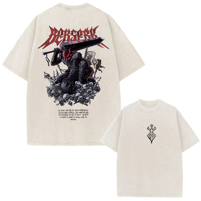 Berserk Print Vintage Acid Washed Cotton T-shirt for Men Women Casual Oversized Tshirt Tees Short Sleeve Tops Retro Streetwear
