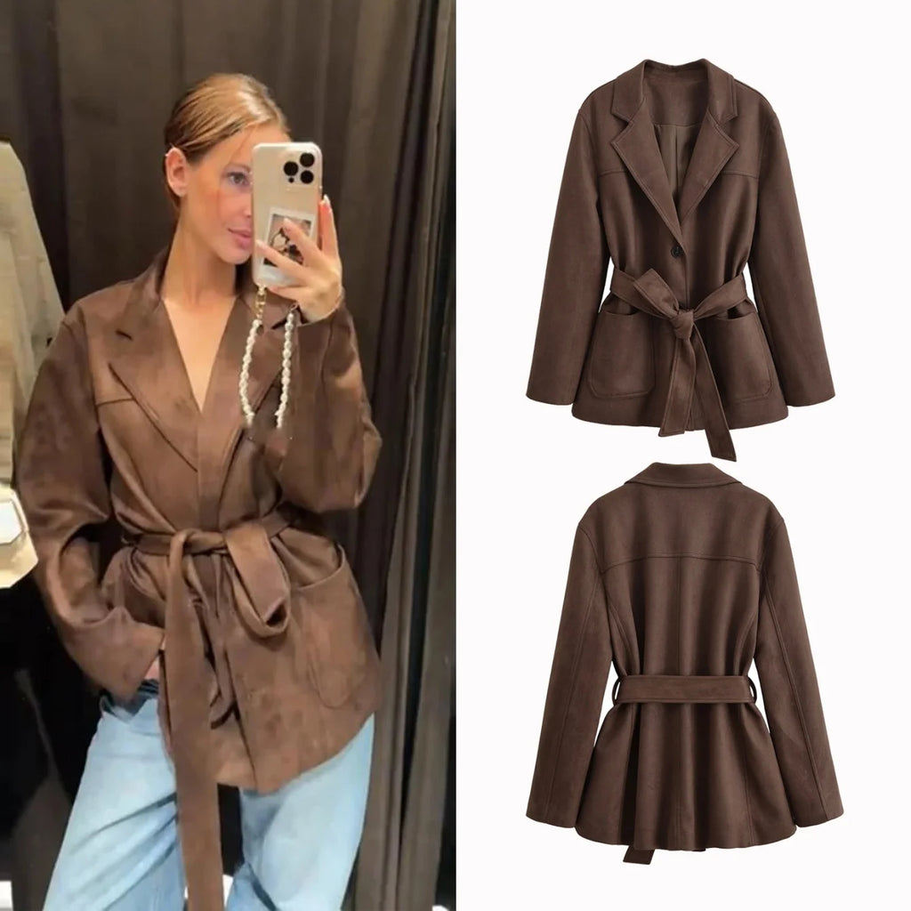 Women's Suede Loose Windbreaker Jackets Solid With Belt Long Sleeve Trench Coat Female Fashion Chic Blazers Jackets Streetwear