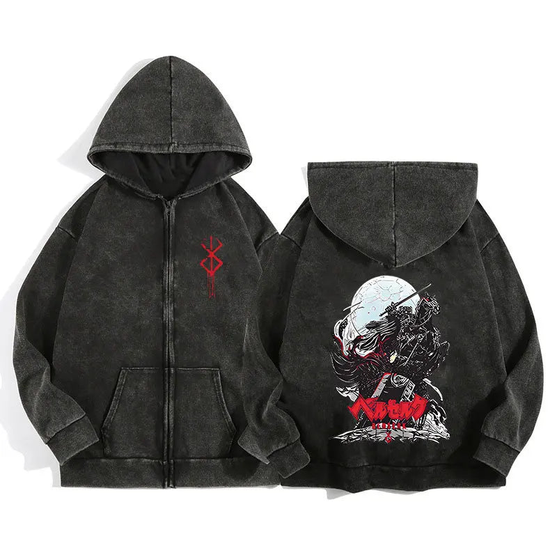 Anime Berserk Wash Zip Up Hoodie Harajuku Retro Gothic Graphic Jacket Hooded Sweatshirt Cotton Hip Hop Men Women Hoody Coat