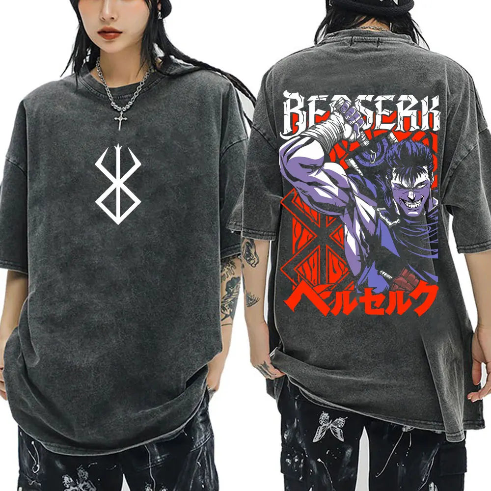 Anime Berserk Guts Vintage Washed T Shirt Manga Gatsu Griffith Zodd T-shirts Men Women Clothing Cotton Casual Oversized T-Shirt
