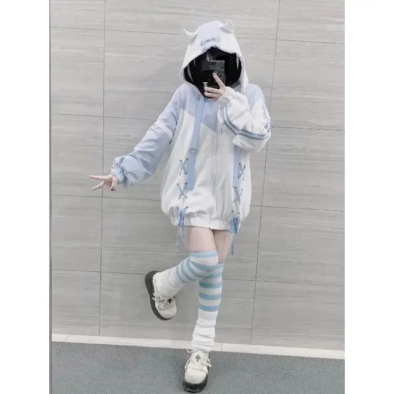 Girls Stitch Woman Clothing Subculture Japanese Hoodie Blue White Autumn Woman Sweatshirts Zipper Winter y2k Clothes Hoodies
