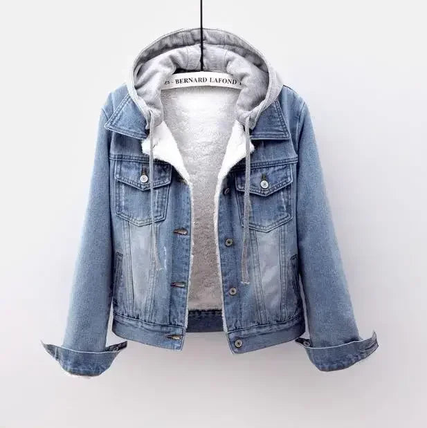 Women Denim Coat Hooded Single Breasted Button Jackets Hooded Patchwork Outerwear Cardigan Solid Pockets Streetwear Warm