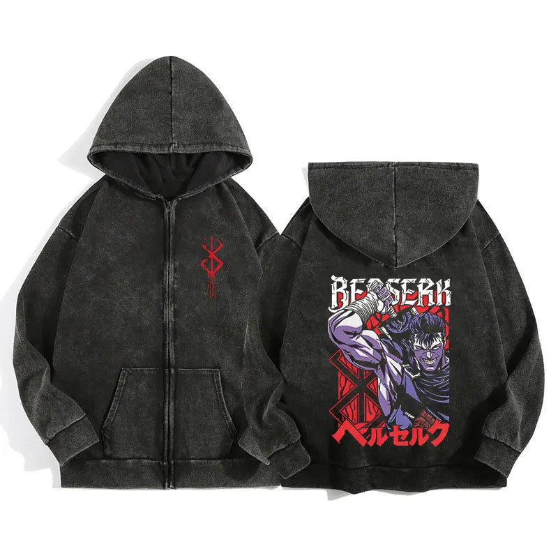 Anime Berserk Wash Zip Up Hoodie Harajuku Retro Gothic Graphic Jacket Hooded Sweatshirt Cotton Hip Hop Men Women Hoody Coat