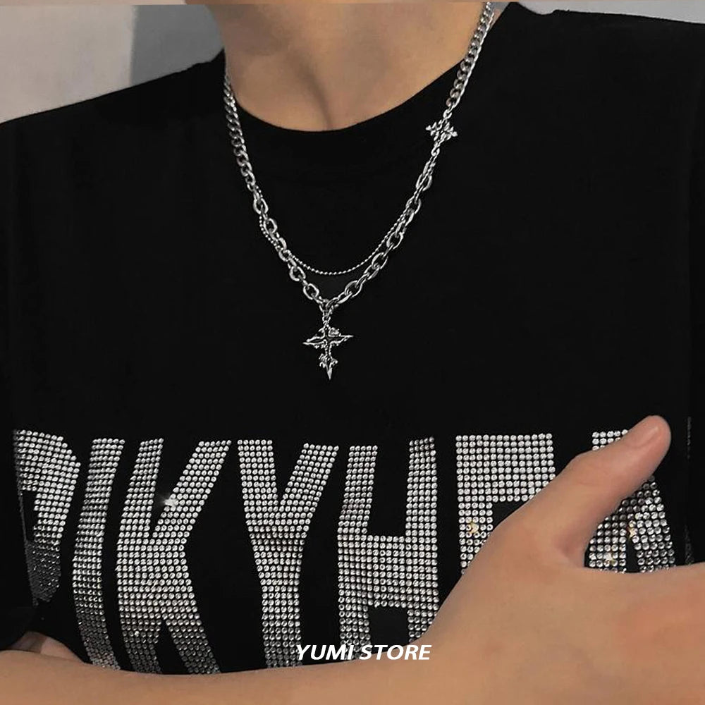 Punk Black Flame Cross Necklace For Men Women Trend Titanium Steel Chain Sweater Pendant Hip Hop Jewelry Cool Kpop Accessories