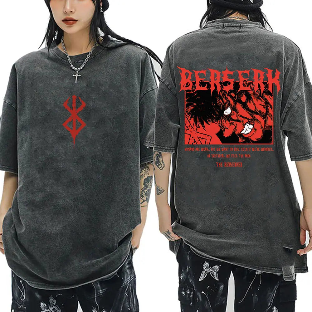 Anime Berserk Guts Vintage Washed T Shirt Manga Gatsu Griffith Zodd T-shirts Men Women Clothing Cotton Casual Oversized T-Shirt
