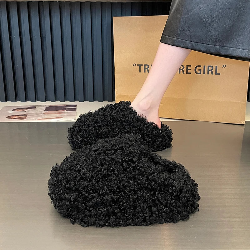 Luxury Plush Slippers for Women 2025 Cover Toe Fur Slides Casual Platform Flip Flops Pantofle New Shoes