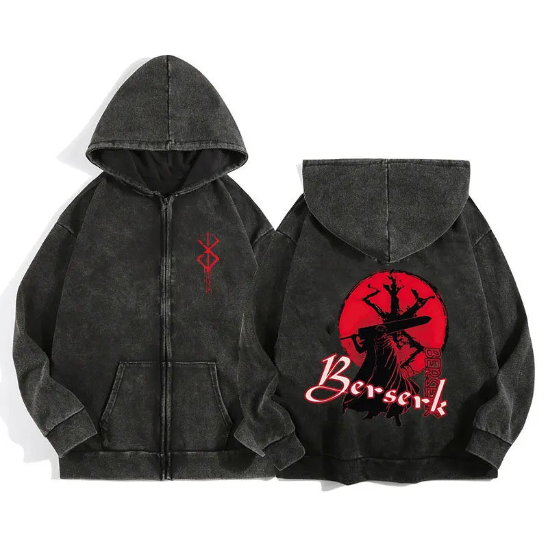 Anime Berserk Wash Zip Up Hoodie Harajuku Retro Gothic Graphic Jacket Hooded Sweatshirt Cotton Hip Hop Men Women Hoody Coat