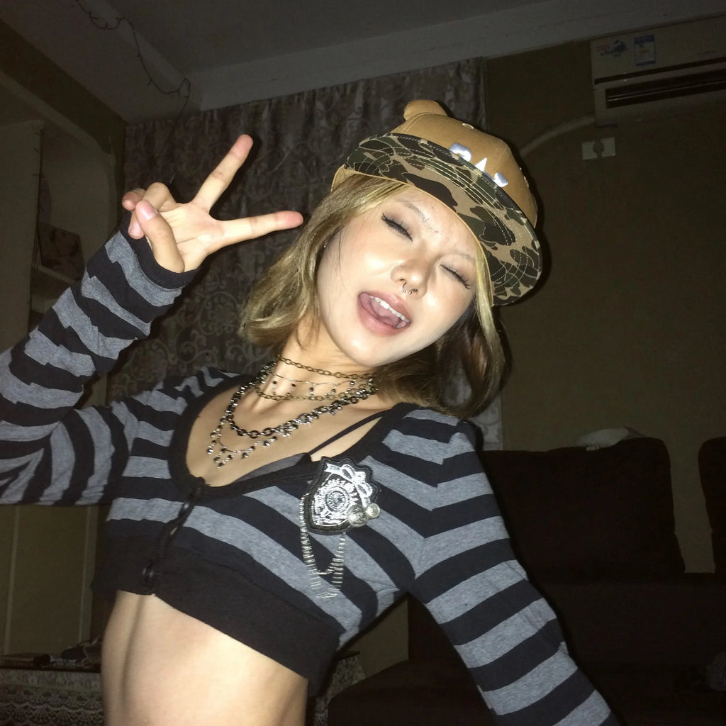 Karrram Trashy Y2k Crop Top Japanese 2000s Style Striped Long Sleeved T-shirt Vintage Harajuku High Street Tops American Retro