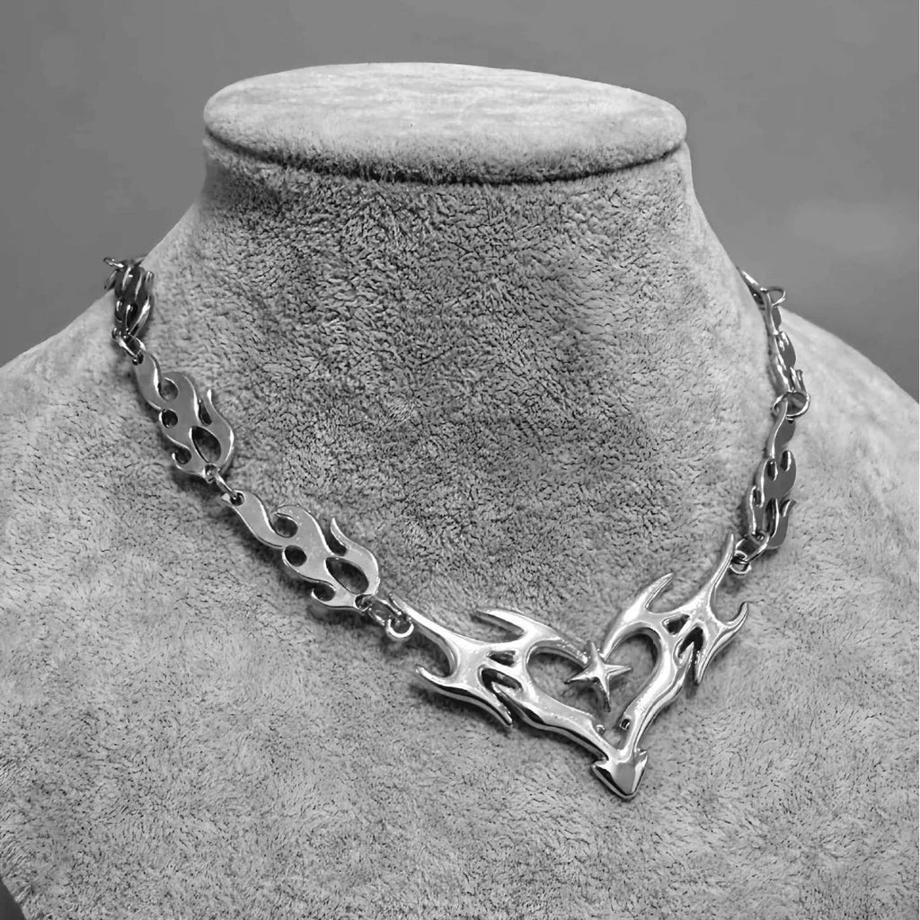 Cross Flame Heart Choker, punk jewelry, Gothic accessories, Y2k, thorns, barbed wire, hippie, Flame Heart Charm, For Women Man