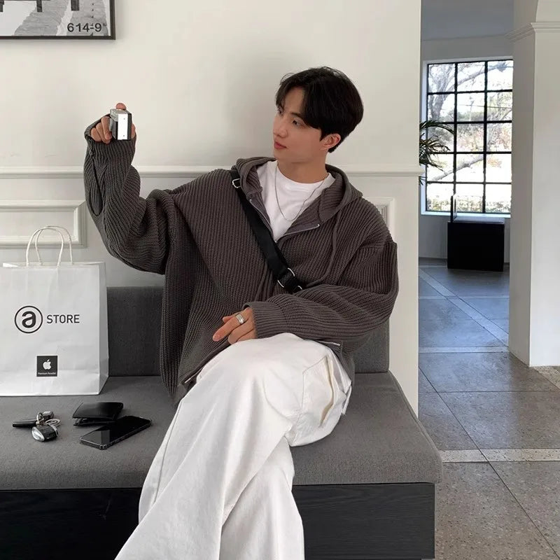 Winter Clothing Men's Light Luxury Knit Hooded Cardigan Sweater Korean Vintage Popular Zipper Long Sleeve Loose Hoodie Knitwear