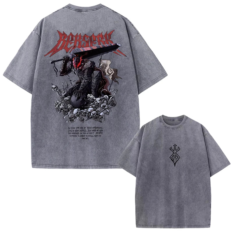 Berserk Print Vintage Acid Washed Cotton T-shirt for Men Women Casual Oversized Tshirt Tees Short Sleeve Tops Retro Streetwear