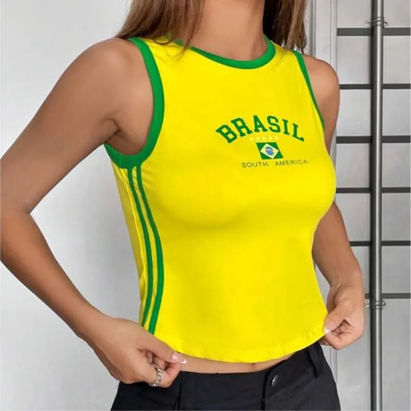 Y2k Five-star Brazil Crop Top Summer Women Aesthetics Baby Tees Gothic Emo Girl Vintage Letter Print Casual Short Sleeve T-shirt