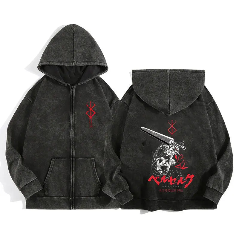 Anime Berserk Wash Zip Up Hoodie Harajuku Retro Gothic Graphic Jacket Hooded Sweatshirt Cotton Hip Hop Men Women Hoody Coat