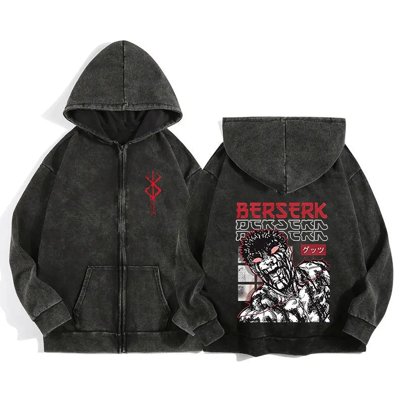 Anime Berserk Wash Zip Up Hoodie Harajuku Retro Gothic Graphic Jacket Hooded Sweatshirt Cotton Hip Hop Men Women Hoody Coat