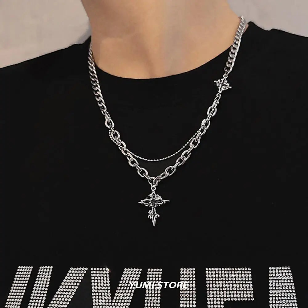 Punk Black Flame Cross Necklace For Men Women Trend Titanium Steel Chain Sweater Pendant Hip Hop Jewelry Cool Kpop Accessories