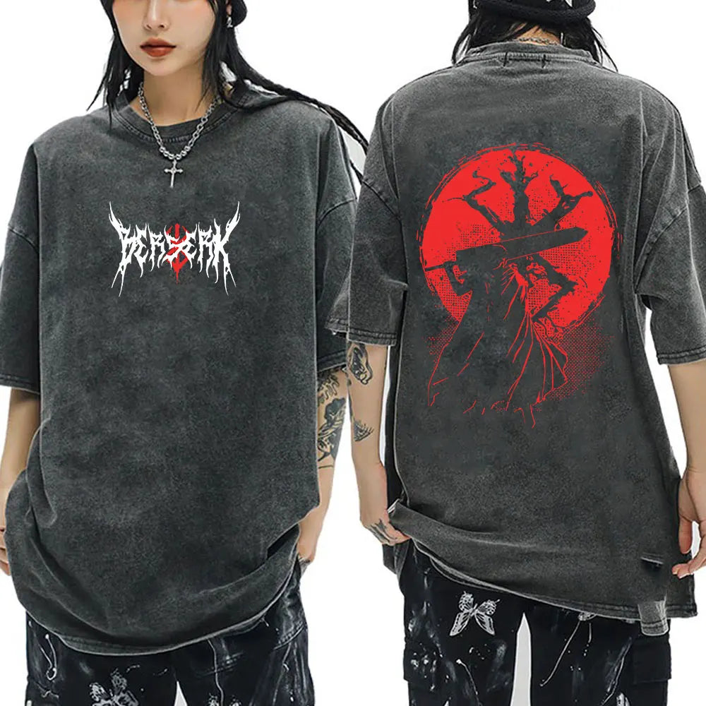 Anime Berserk Guts Vintage Washed T Shirt Manga Gatsu Griffith Zodd T-shirts Men Women Clothing Cotton Casual Oversized T-Shirt