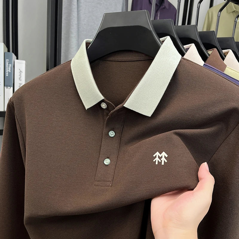 Fashion luxury brand long sleeve polo shirt men's autumn new trend badge embossed design Korean casual silk cotton lapel T-shirt
