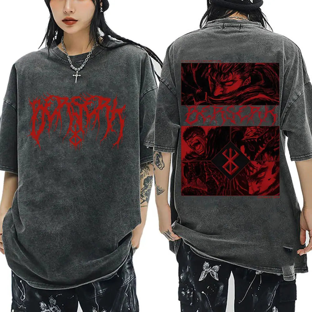 Anime Berserk Guts Vintage Washed T Shirt Manga Gatsu Griffith Zodd T-shirts Men Women Clothing Cotton Casual Oversized T-Shirt