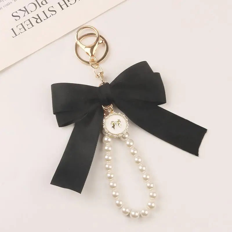 Fashion Large Bowknot Ribbon Pearl Key Chain Women's Multi-color DIY Key Pendant Hanging Ornament Sweet Bag Accessories
