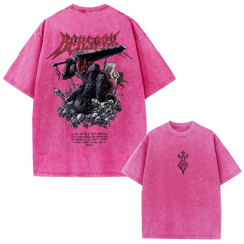 Berserk Print Vintage Acid Washed Cotton T-shirt for Men Women Casual Oversized Tshirt Tees Short Sleeve Tops Retro Streetwear