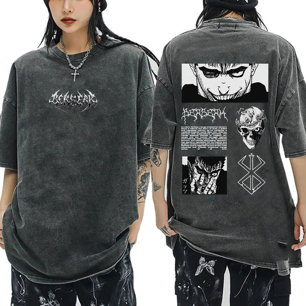 Anime Berserk Guts Vintage Washed T Shirt Manga Gatsu Griffith Zodd T-shirts Men Women Clothing Cotton Casual Oversized T-Shirt