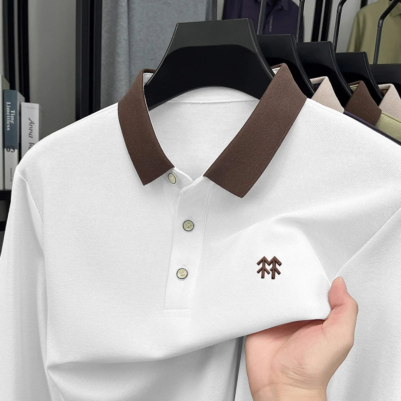 Fashion luxury brand long sleeve polo shirt men's autumn new trend badge embossed design Korean casual silk cotton lapel T-shirt
