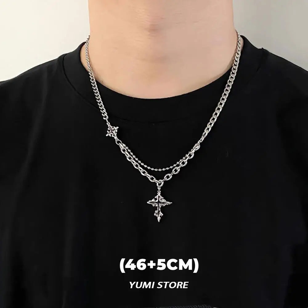 Punk Black Flame Cross Necklace For Men Women Trend Titanium Steel Chain Sweater Pendant Hip Hop Jewelry Cool Kpop Accessories