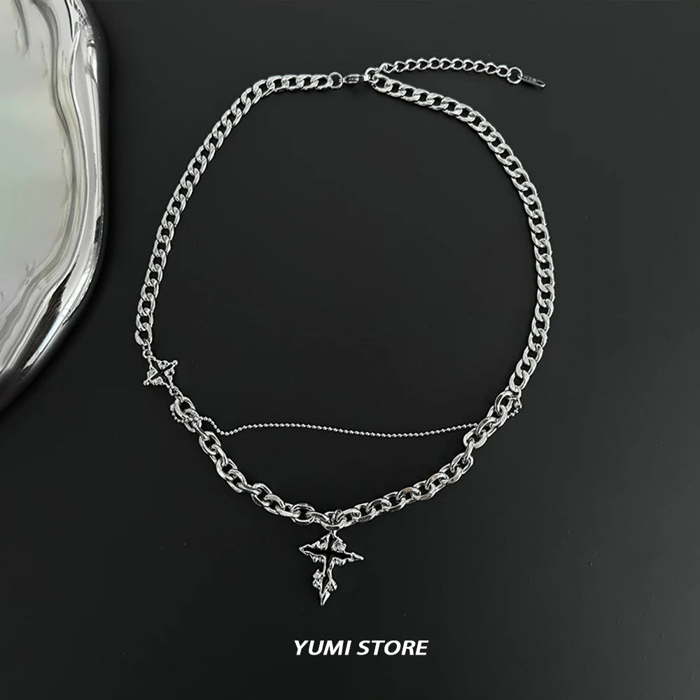 Punk Black Flame Cross Necklace For Men Women Trend Titanium Steel Chain Sweater Pendant Hip Hop Jewelry Cool Kpop Accessories