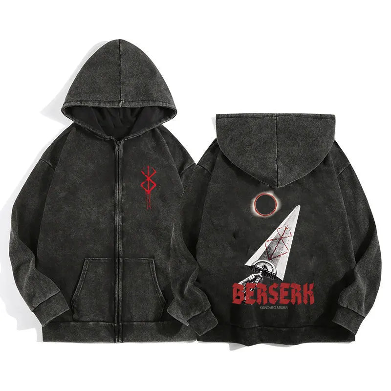 Anime Berserk Wash Zip Up Hoodie Harajuku Retro Gothic Graphic Jacket Hooded Sweatshirt Cotton Hip Hop Men Women Hoody Coat