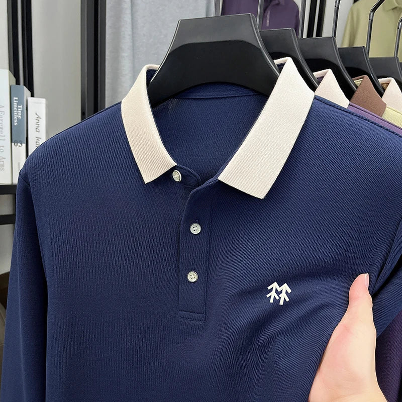 Fashion luxury brand long sleeve polo shirt men's autumn new trend badge embossed design Korean casual silk cotton lapel T-shirt