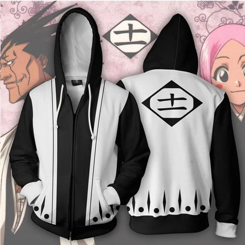 BLEACH Anime Hoodie Peripheral Zip Up Zaraki Kenpachi Hoodies Cosplay Sweatshirt Costumes Halloween Party Birthday Gifts