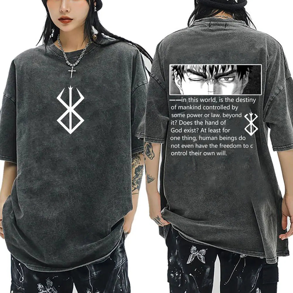 Anime Berserk Guts Vintage Washed T Shirt Manga Gatsu Griffith Zodd T-shirts Men Women Clothing Cotton Casual Oversized T-Shirt