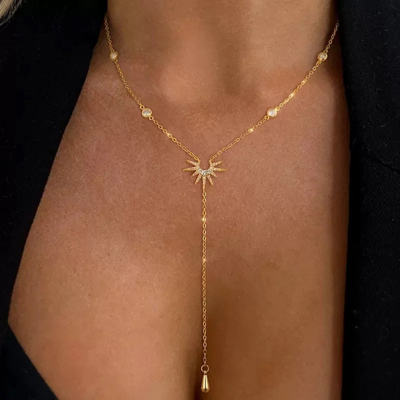Vintage Gold Color Long Chain Water Drop Necklaces for Women Simple Metal Zircon Sun Geometric Tassel Choker Aesthetics Jewelry
