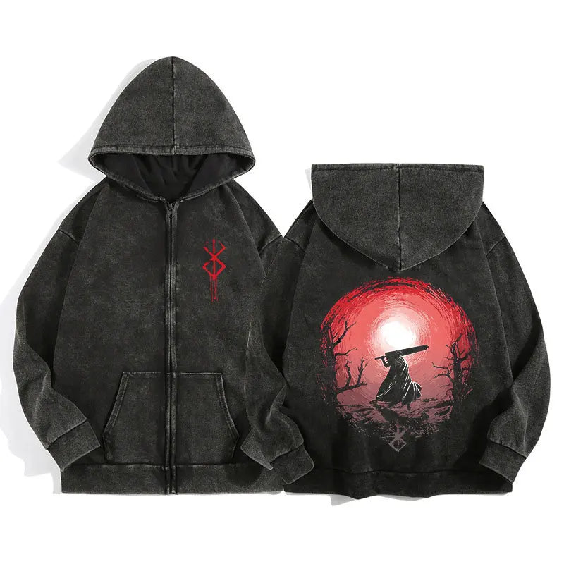 Anime Berserk Wash Zip Up Hoodie Harajuku Retro Gothic Graphic Jacket Hooded Sweatshirt Cotton Hip Hop Men Women Hoody Coat