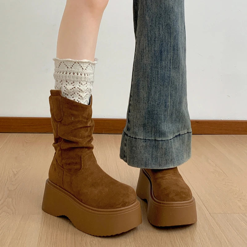 Chunky Platform Thick Sole Woman Ankle Boots Design Round Toe Slip On Shoes  2025 Autumn Winter Short Botas Para Mujer