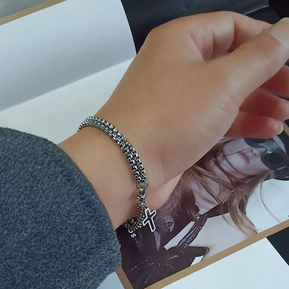 Men's Fashion Double Chain Cross Hollow Wrist Bracelets Lobster Claw Clasp Stainless Steel Bracelet Hip Hop Punk Party Jewelry