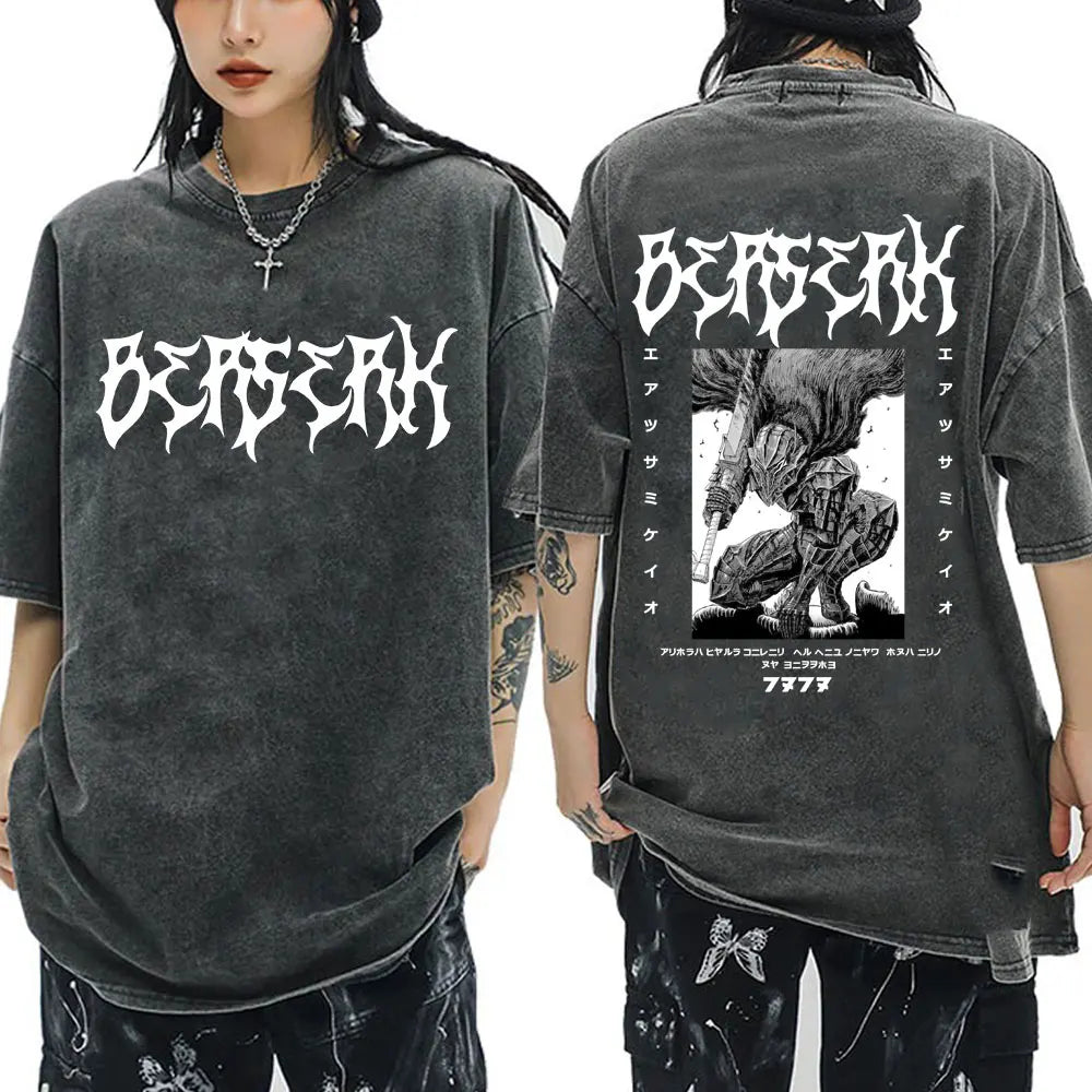 Anime Berserk Guts Vintage Washed T Shirt Manga Gatsu Griffith Zodd T-shirts Men Women Clothing Cotton Casual Oversized T-Shirt