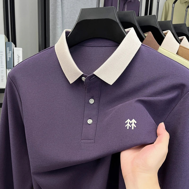 Fashion luxury brand long sleeve polo shirt men's autumn new trend badge embossed design Korean casual silk cotton lapel T-shirt