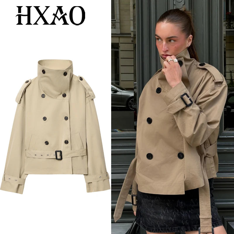 HXAO Women's Trench Coat Female Khaki Women's Windbreaker 2025 Autumn Top Female Women's Short Coat Long Sleeve Elegant Coat