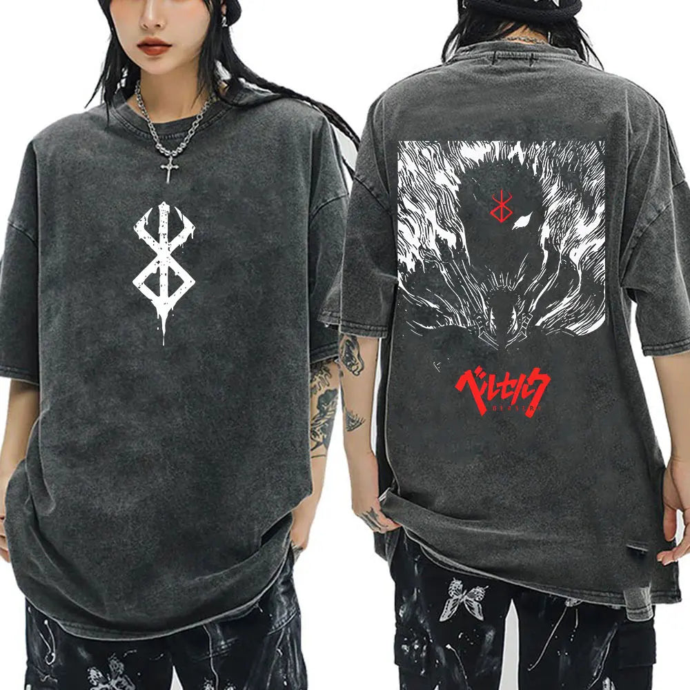 Anime Berserk Guts Vintage Washed T Shirt Manga Gatsu Griffith Zodd T-shirts Men Women Clothing Cotton Casual Oversized T-Shirt