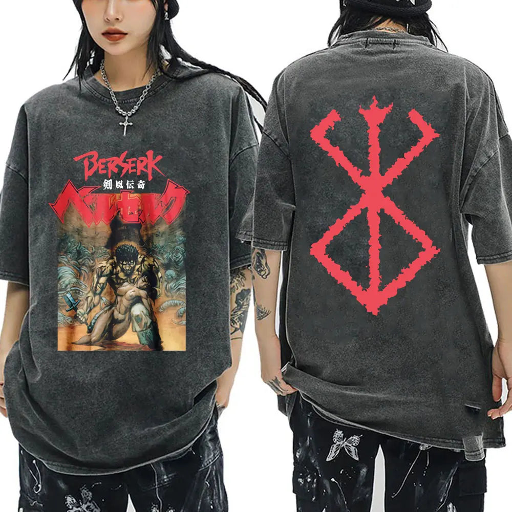 Anime Berserk Guts Vintage Washed T Shirt Manga Gatsu Griffith Zodd T-shirts Men Women Clothing Cotton Casual Oversized T-Shirt