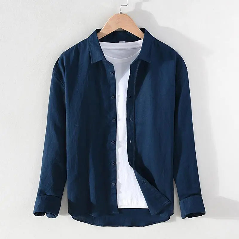 M-3XL Spring and Summer Stand Collar Plain Color Long-sleeve Vintage Men's Streetwear Single Breasted Linen Shirts