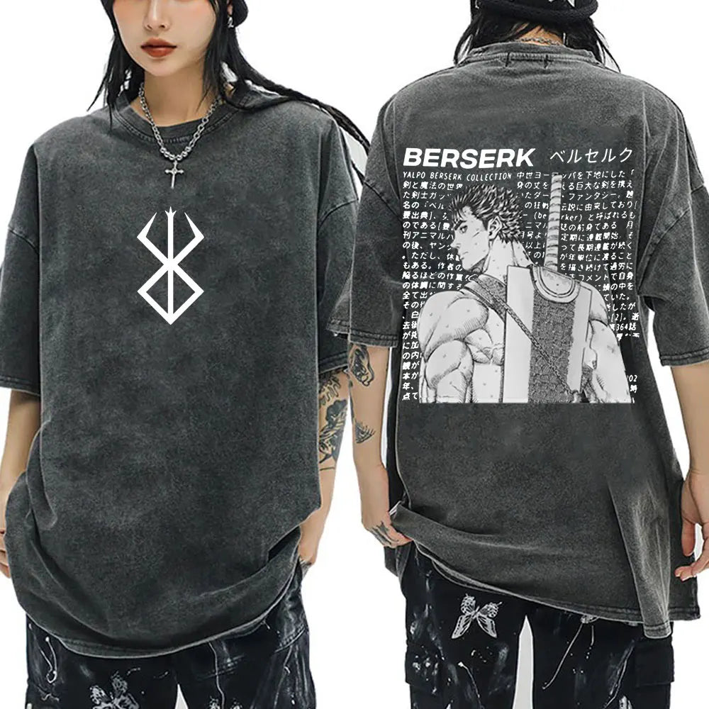 Anime Berserk Guts Vintage Washed T Shirt Manga Gatsu Griffith Zodd T-shirts Men Women Clothing Cotton Casual Oversized T-Shirt